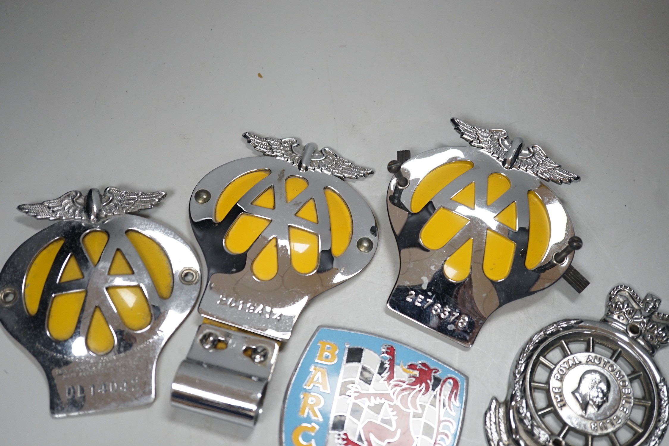 Seven car badges: Fiat motor club, British automobile racing club, MG club, the automobile club and three AA badges